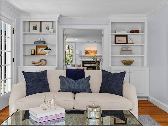 living room with wood finished floors, a fireplace, and crown molding