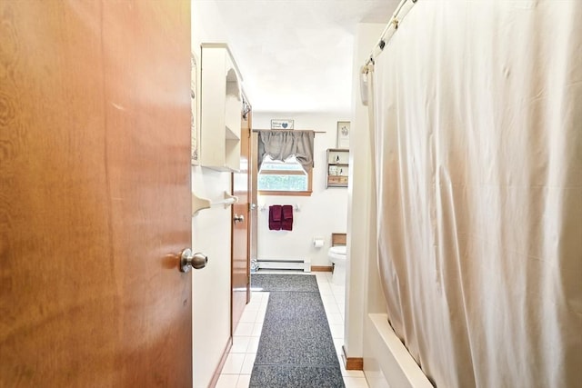 81 Crosstown Ave, Boston, MA 02132 - full bath with tile patterned floors, baseboard heating, toilet, and shower / tub combo