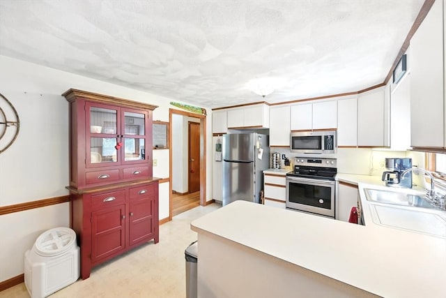 81 Crosstown Ave, Boston, MA 02132 - kitchen featuring appliances with stainless steel finishes, a sink, light flooring, a peninsula, and light countertops