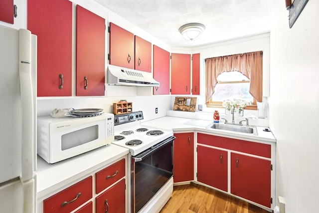 81 Crosstown Ave, Boston, MA 02132 - kitchen with red cabinets, white appliances, under cabinet range hood, and a sink