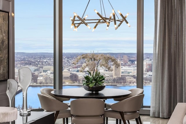 dining room with a water view