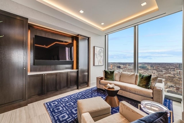 living room with a tray ceiling