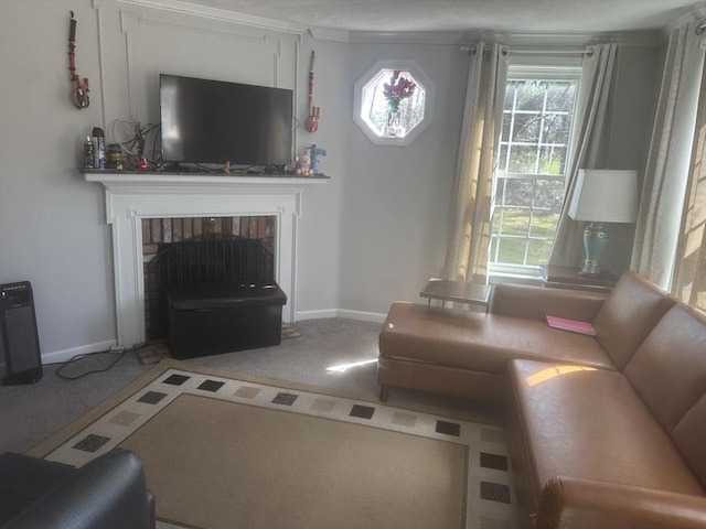 living room with carpet floors, baseboards, and a fireplace