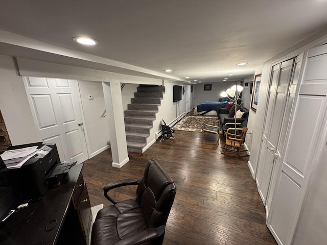 home office featuring wood finished floors, recessed lighting, and baseboards
