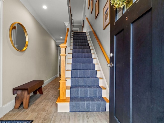 49 Coffey St Unit B, Boston, MA 02122 - staircase with crown molding, wood finished floors, baseboards, and recessed lighting
