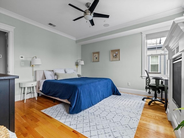 49 Coffey St Unit B, Boston, MA 02122 - bedroom featuring crown molding, light wood-type flooring, baseboards, and ceiling fan