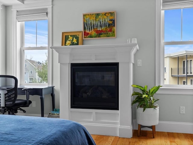 49 Coffey St Unit B, Boston, MA 02122 - bedroom with a glass covered fireplace, wood finished floors, and baseboards