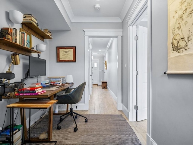 49 Coffey St Unit B, Boston, MA 02122 - home office with light wood-style flooring, ornamental molding, and baseboards