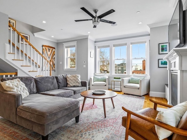 49 Coffey St Unit B, Boston, MA 02122 - living area with light wood-type flooring, crown molding, recessed lighting, a ceiling fan, and baseboards