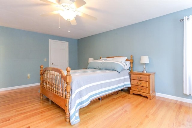 bedroom featuring ceiling fan and light wood-type flooring