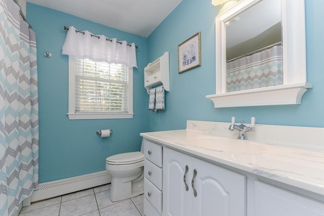 bathroom featuring a baseboard heating unit, vanity, tile patterned floors, toilet, and walk in shower