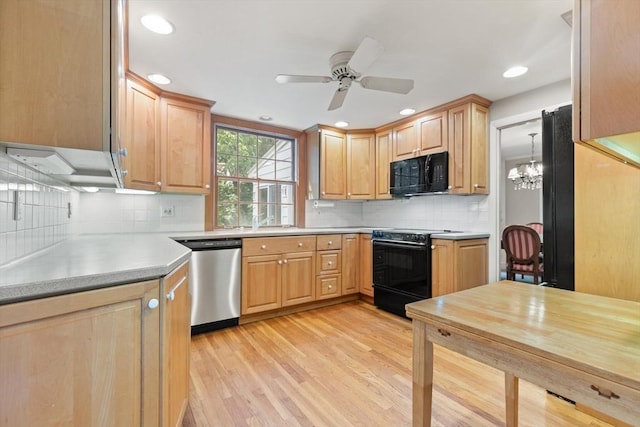 3 Marshall St, North Reading, MA 01864 - kitchen featuring black appliances, light wood-type flooring, light countertops, backsplash, and light brown cabinets