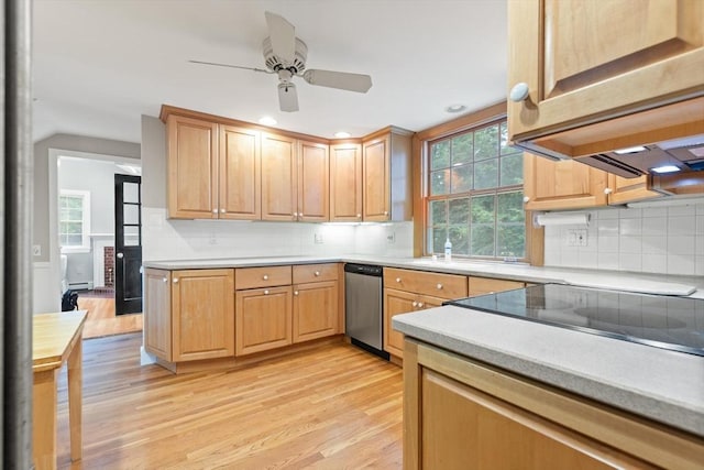 3 Marshall St, North Reading, MA 01864 - kitchen featuring dishwasher, light wood-type flooring, decorative backsplash, recessed lighting, and vaulted ceiling