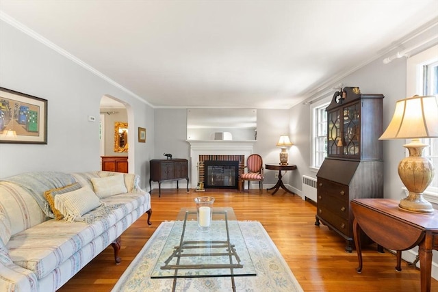 3 Marshall St, North Reading, MA 01864 - living room with radiator heating unit, wood finished floors, arched walkways, a brick fireplace, and crown molding