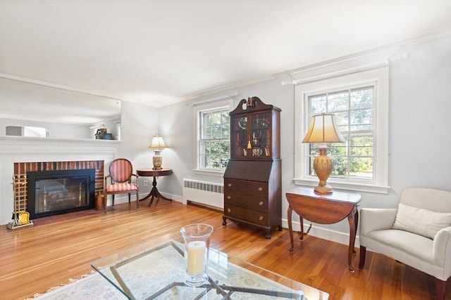 3 Marshall St, North Reading, MA 01864 - living area featuring radiator, wood finished floors, a fireplace, and ornamental molding