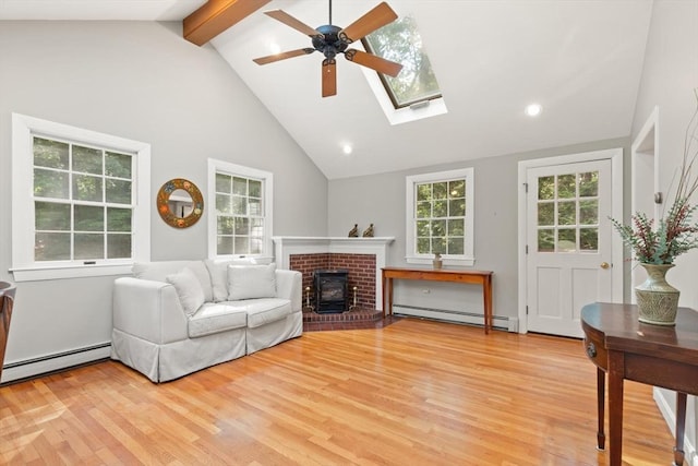 3 Marshall St, North Reading, MA 01864 - living area featuring baseboard heating, ceiling fan, light wood-style floors, a skylight, and beam ceiling