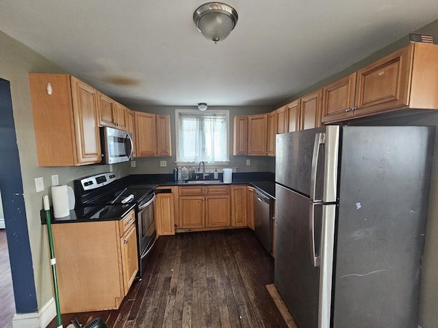 kitchen with appliances with stainless steel finishes, sink, and dark hardwood / wood-style floors