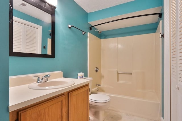 full bath with visible vents, toilet, shower / bathing tub combination, tile patterned flooring, and vanity