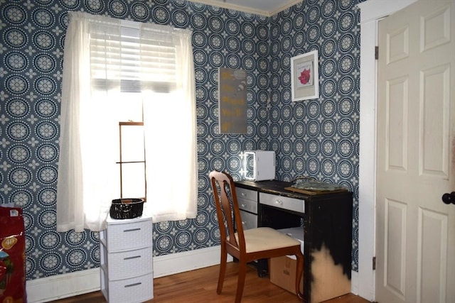 home office with hardwood / wood-style floors