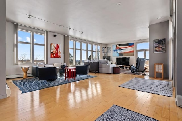 living area featuring track lighting, wood finished floors, and a healthy amount of sunlight