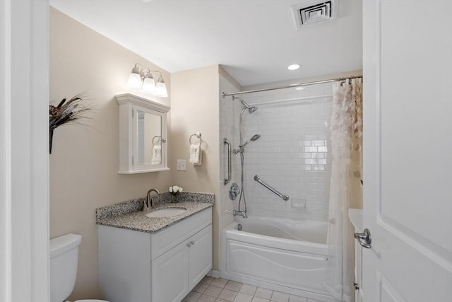 full bathroom featuring tile patterned flooring, vanity, shower / bathtub combination with curtain, and toilet