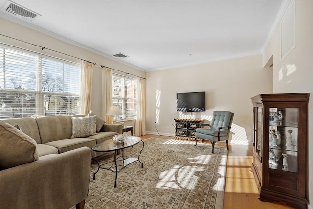 living room featuring ornamental molding and light hardwood / wood-style floors