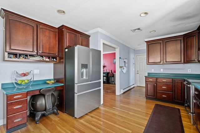 kitchen with crown molding, appliances with stainless steel finishes, baseboard heating, light wood-style floors, and visible vents