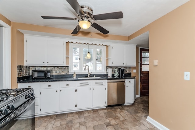 kitchen featuring tasteful backsplash, ceiling fan, sink, black appliances, and white cabinets