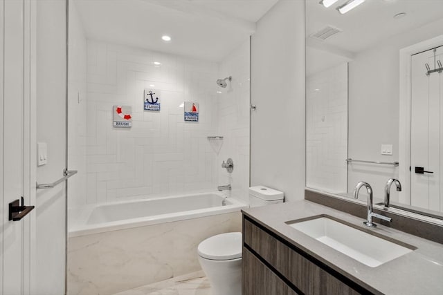 full bath with toilet, visible vents, vanity, marble finish floor, and shower / washtub combination