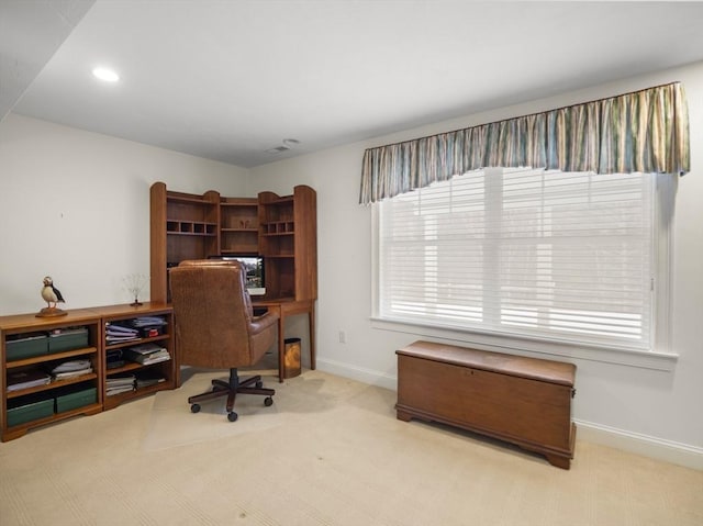 office space with carpet, baseboards, and recessed lighting