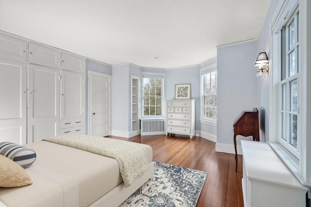 bedroom featuring radiator heating unit, dark hardwood / wood-style floors, and a closet