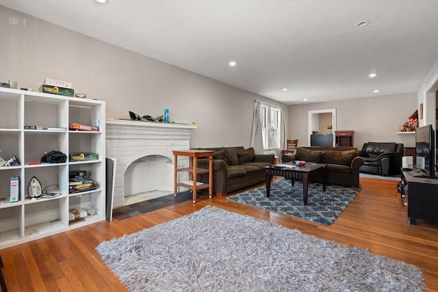 living room with a fireplace and wood-type flooring