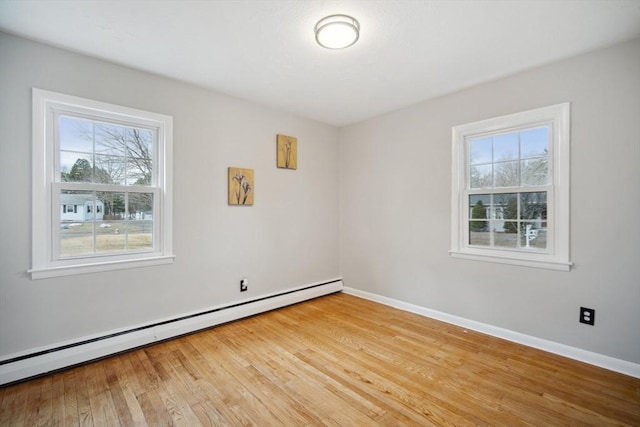 unfurnished room with light hardwood / wood-style floors and baseboard heating