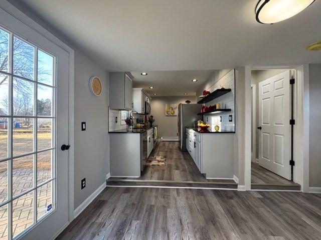 kitchen with backsplash, stainless steel refrigerator, dark hardwood / wood-style flooring, and plenty of natural light