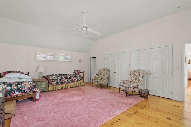 181 Pleasant St, Yarmouth, MA 02664 - bedroom featuring light wood-style flooring, two closets, lofted ceiling, and ceiling fan