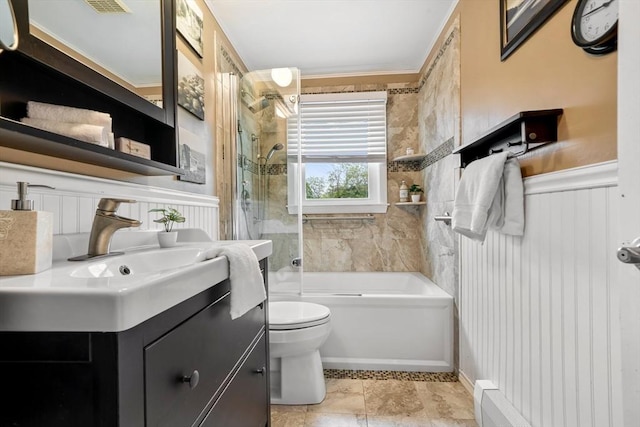 21 Wilhelmina Ave, Burlington, MA 01803 - bathroom with toilet, wainscoting, shower / washtub combination, vanity, and crown molding