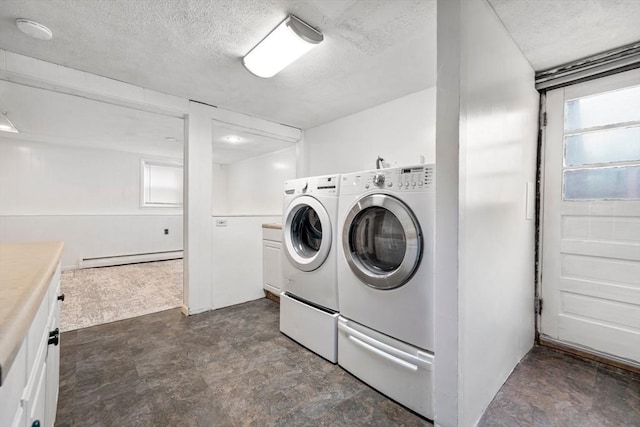 21 Wilhelmina Ave, Burlington, MA 01803 - laundry room featuring washer and dryer, a baseboard radiator, cabinet space, and a textured ceiling
