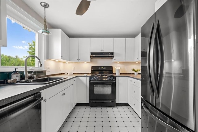 21 Wilhelmina Ave, Burlington, MA 01803 - kitchen featuring freestanding refrigerator, black range with gas cooktop, dishwasher, under cabinet range hood, and light floors