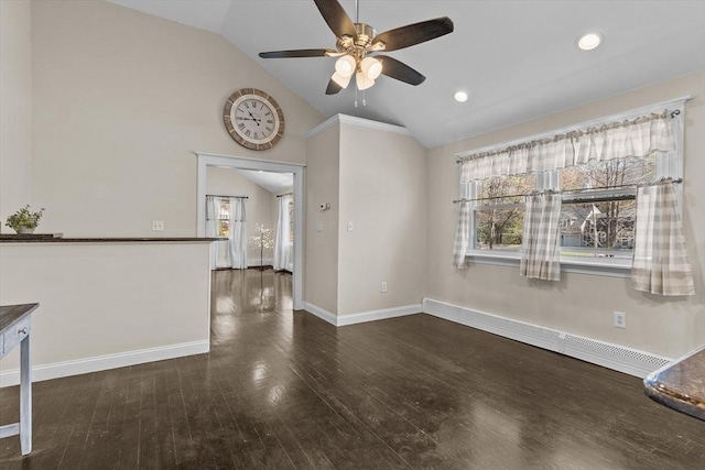 unfurnished living room with lofted ceiling, ceiling fan, baseboards, wood finished floors, and recessed lighting