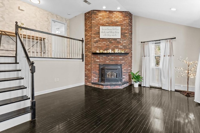 unfurnished living room featuring stairs, baseboards, high vaulted ceiling, wood finished floors, and recessed lighting