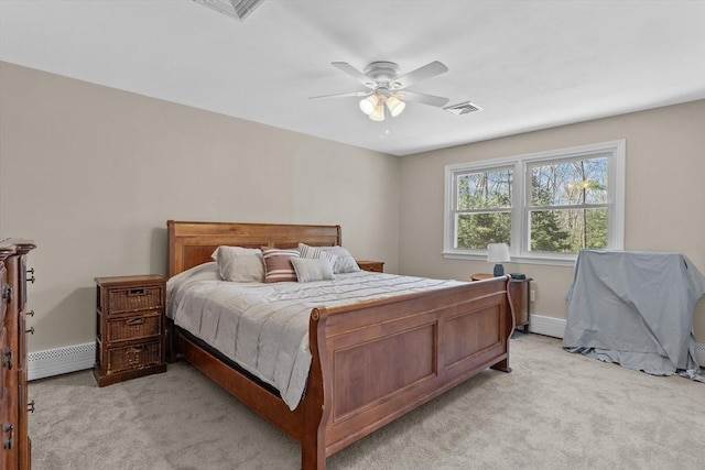 bedroom featuring light carpet, baseboard heating, and ceiling fan