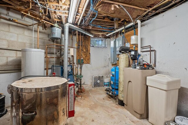 below grade area featuring water heater, a water pressure tank, electric panel, and a water softener system