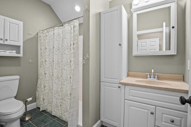 bathroom featuring toilet, baseboards, tile patterned flooring, vanity, and a shower with curtain
