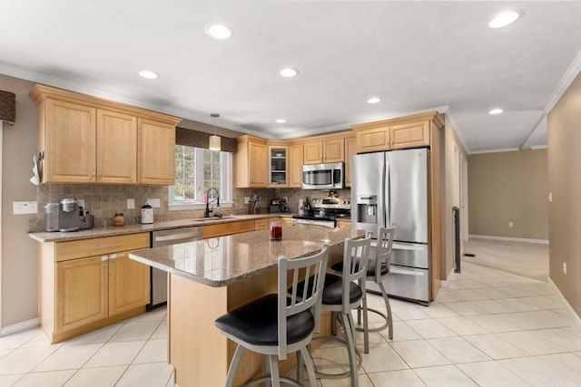 3 Jasmine Dr, Oxford, MA 01540 - kitchen featuring recessed lighting, light tile patterned floors, stainless steel appliances, baseboards, and crown molding