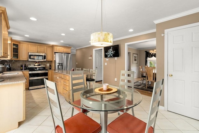3 Jasmine Dr, Oxford, MA 01540 - dining space featuring light tile patterned floors, a chandelier, baseboards, recessed lighting, and ornamental molding