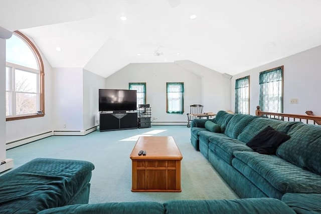 carpeted living room with ceiling fan, a baseboard radiator, vaulted ceiling, and recessed lighting