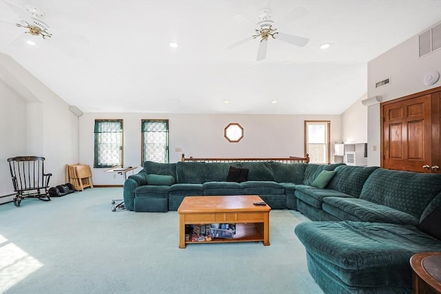 living area with vaulted ceiling, carpet flooring, visible vents, and recessed lighting