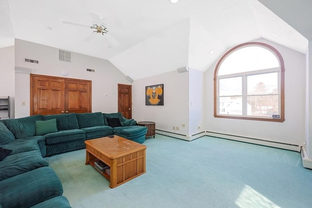 living area featuring lofted ceiling, ceiling fan, light carpet, and visible vents