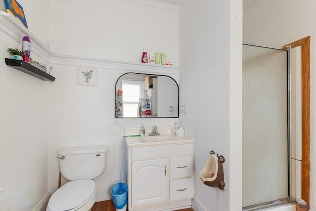 bathroom with walk in shower, vanity, and toilet