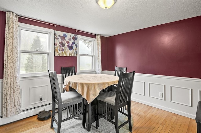 93 Lincoln Ave, Ashburnham, MA 01430 - dining area featuring a textured ceiling, a wainscoted wall, wood-type flooring, and a baseboard radiator